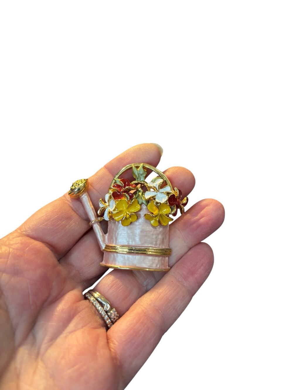 Vintage Watering Can Flower Brooch Enamel Floral Gold Tone Garden Cottagecore